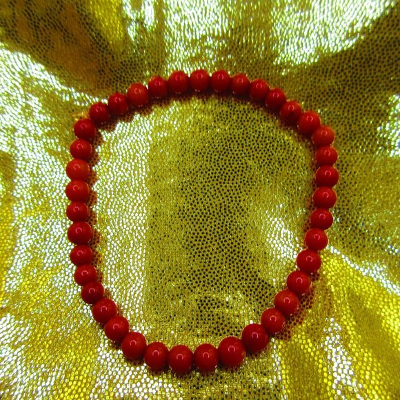 Red Coral 4mm Round 7" Stretchy Gemstone Bracelet - Picture 2 of 3